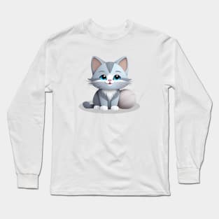 Gray Cat Blue Long Sleeve T-Shirt